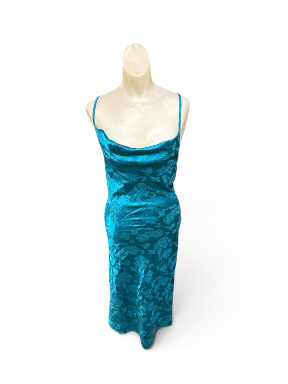 Vintage Y2K Green Floral Brocade Satin Slip Dress XS Small Cowl Neck